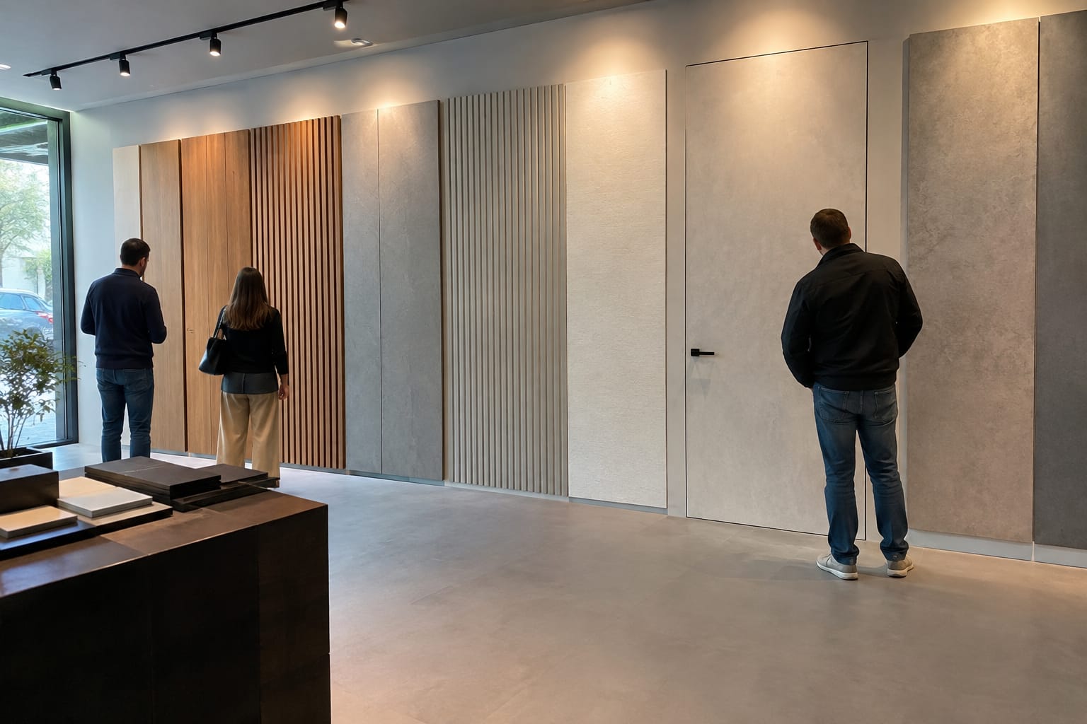 Стіна з різними стіновими панелями — дерев'яними рейками, світлими й сірими — поруч із прихованими дверима