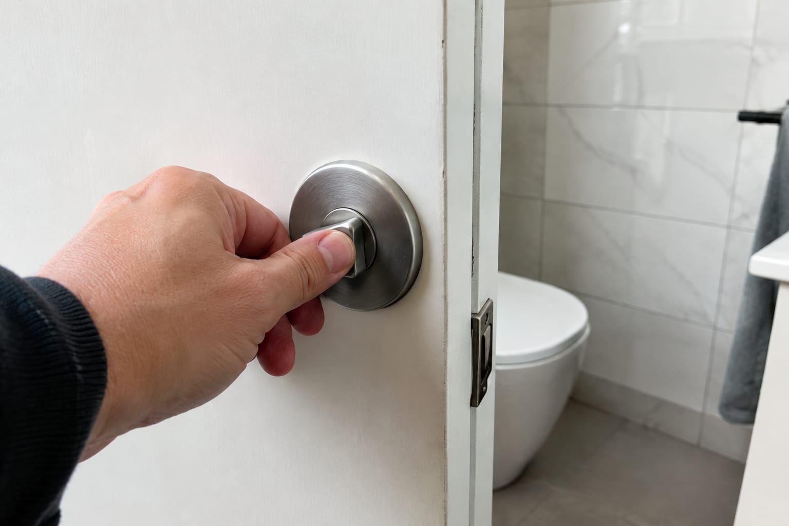 Рука повертає круглий фіксатор WC у матовому хромі на білих дверях ванної